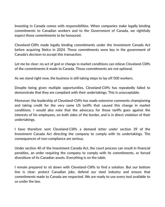 Canada Gives Cleveland-Cliffs 15 Days to Address Alleged Stelco Deal Violations