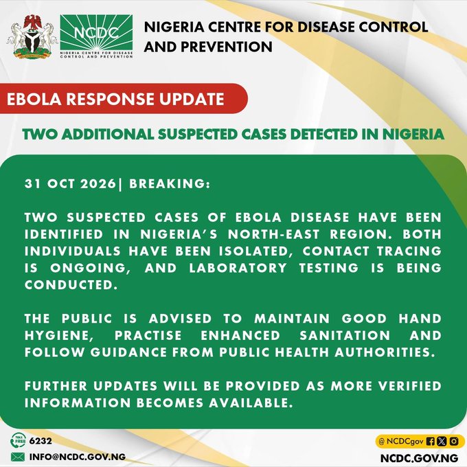 NCDC Identifies Two Suspected Ebola Cases in North-East Nigeria